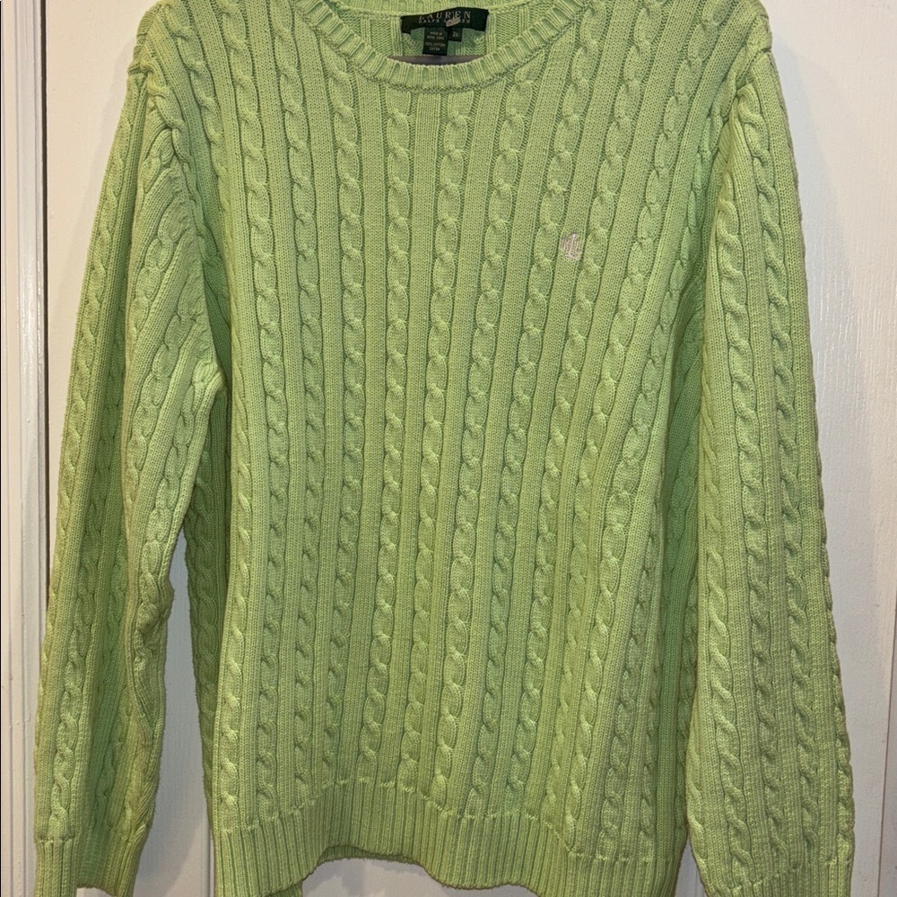 LAUREN RALPH LAUREN LIGHT GREEN CABLE KNIT PULLOVER PINK LOGO ON LEFT SIDE L/S